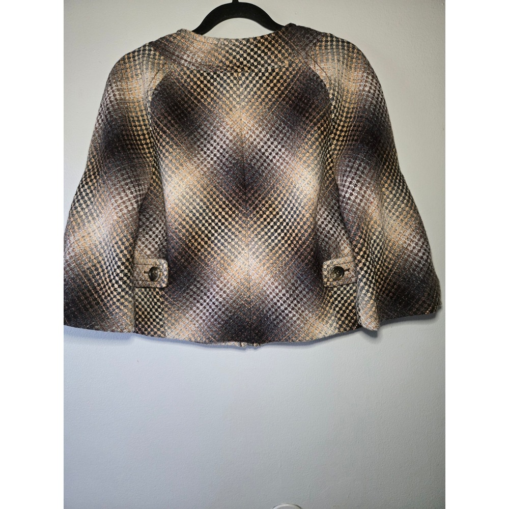 BCBGMAXAZRIA Cropped Wool Blend Plaid Jacket Brown Houndstooth Zip Button XS - Picture 7 of 8